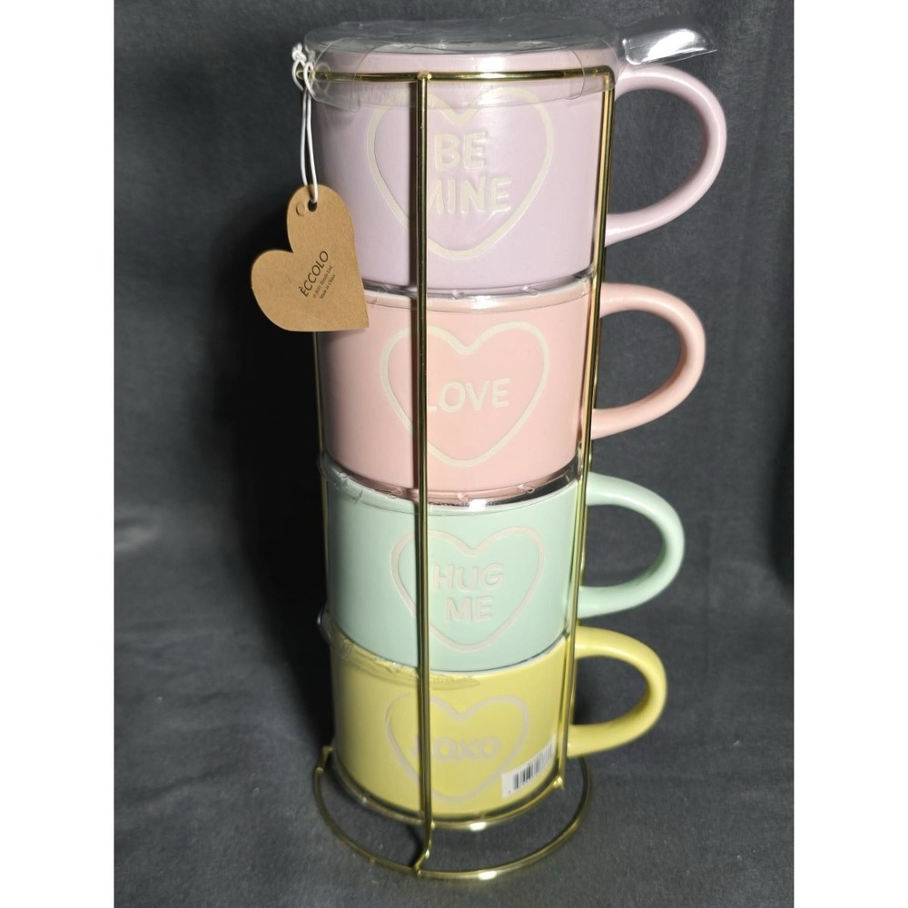NWT Eccolo Set‎ of 4 Stackable Mugs with Gold Rack White Hearts & Letters Pastel